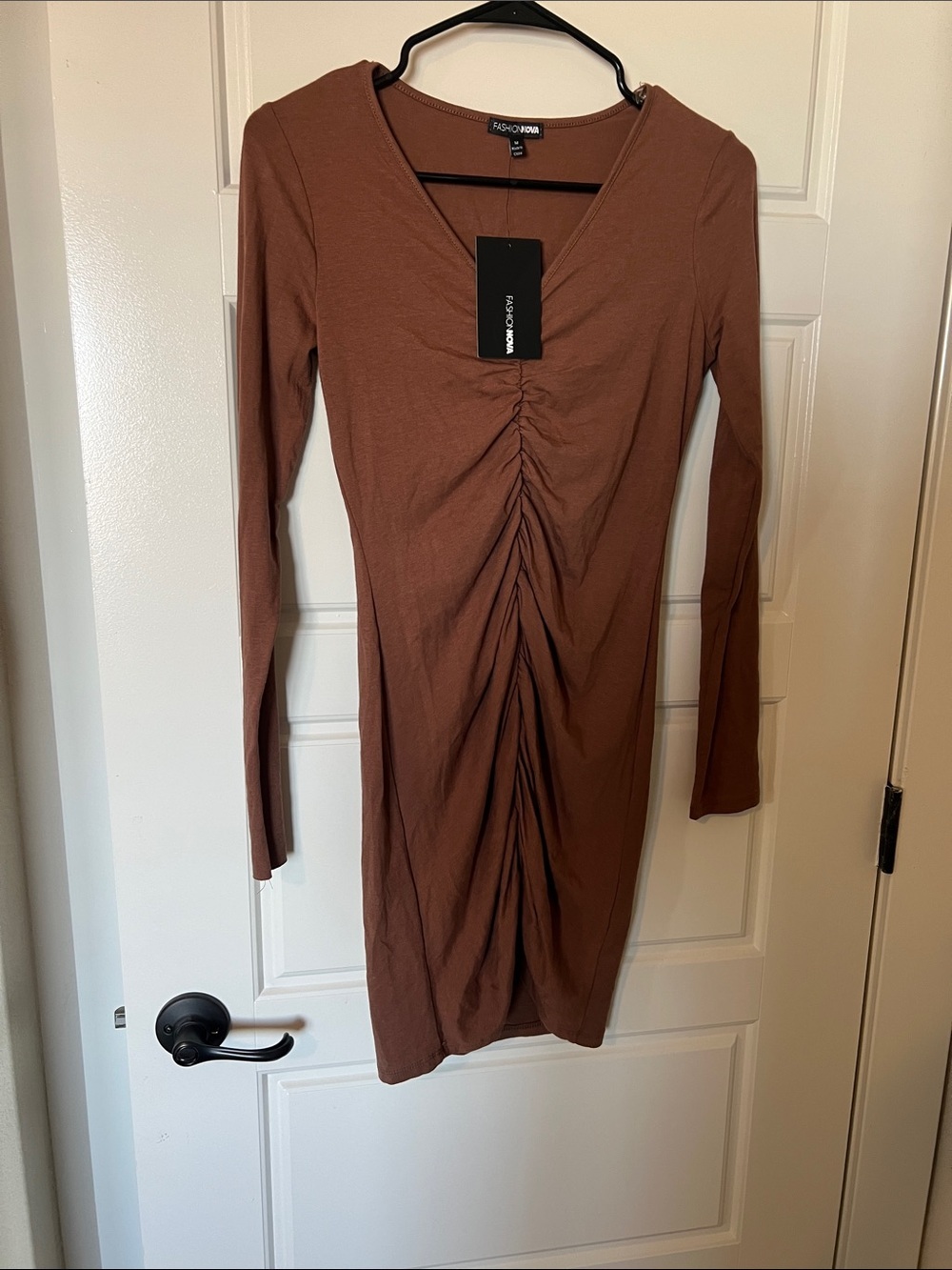 Fashion Nova Ruched Long Sleeve Bodycon Dress in Brown-see notes